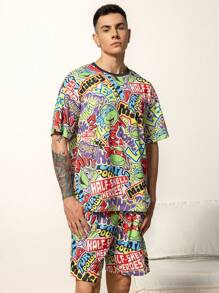 TEENAGE MUTANT NINJA TURTLES | SHEIN Men's Summer Allover Print Drop Shoulder Loose Top And Shorts Loungewear Set