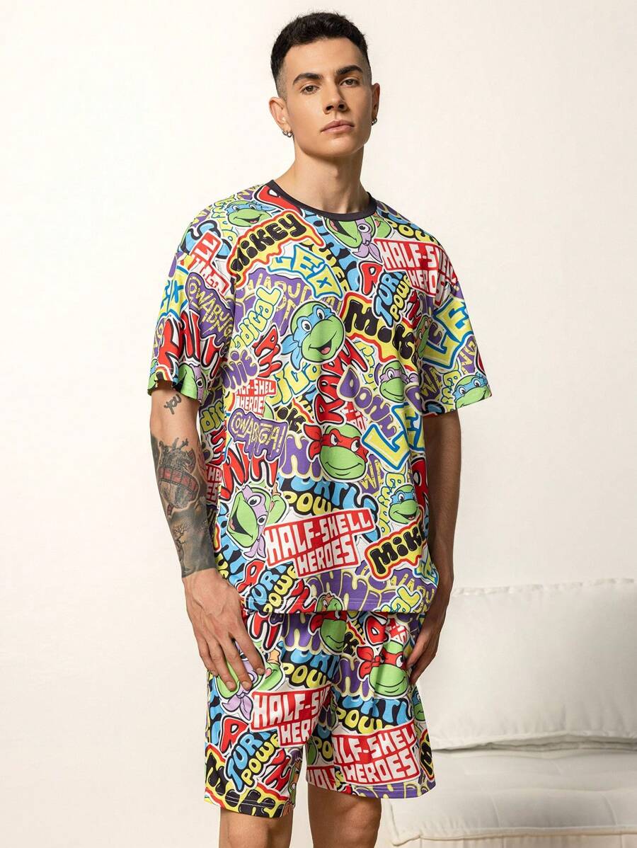 TEENAGE MUTANT NINJA TURTLES | SHEIN Men's Summer Allover Print Drop Shoulder Loose Top And Shorts Loungewear Set