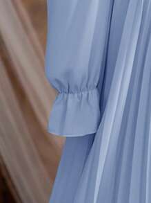 SHEIN Serisse Kids 青少年女孩休闲泡泡袖V领褶裥长裙 - 霧霾藍 - 查看 7