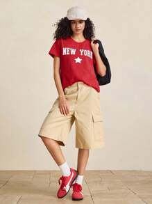 INAWLY 女款常规版型纽约星白色英文标语五角星简约休闲街头家居服夏季美式图案圆领短袖 T 恤 - 紅色 - 查看 5