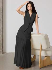 Heiryn Bộ 2 món áo vest trơn màu thanh lịch và chân váy xếp ly cho nữ - màu đen - Xem 2