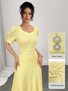 Modelyn Elegante vestido de punto midi amarillo - Amarillo - Ver 2