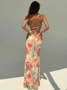Aloruh Women's Elegant Floral Print Backless Dress Summer Summer Outfits Summer Clothes Beach Outfits For Woman  Beach Vacation Vacation Outfits Woman Boho Tropical Vacation Woman Clothe Tropical Vacation Woman Clothe Wedding Anniversary Bridesmaid Party Date Sexy Wedding Guest Dress Women Bridal Shower Dress White  Elegant Modest Fairycore