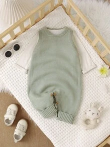 SHEIN Conjunto de peto y pantalones para bebé niño en color verde, estilo minimalista casual y cómodo y transpirable para la etapa de gateo - Verde - Ver 3