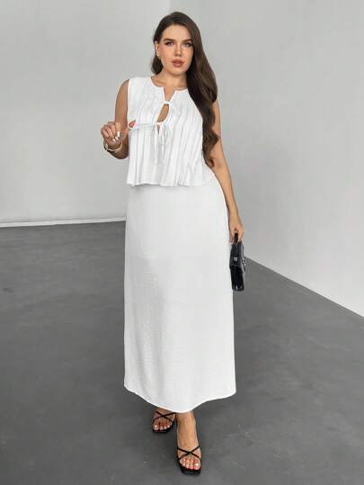 Firerie Bộ 2 món áo sơ mi không tay xếp ly buộc phía trước màu trơn và chân váy midi cỡ lớn dành cho nữ, thời trang