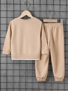 SHEIN 2 sztuki/zestaw dla chłopców, bluza z długim rękawem i okrągłym dekoltem, casualowy zestaw ze spodniami i naszywką waflową, odpowiedni na co dzień, do sportu, na powrót do szkoły, na wiosnę i jesień