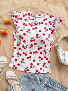 Soleia WYWH Vacation Ruffle Trim Ribbed White Knit Tee Cherry Shirt Cherry Top Cute Summer Tops Fruit Shirt Cute Short Sleeve Tops - Multicolor - View 6