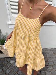 MainGRL 女式新款格纹细肩带露背无袖太阳裙，夏季 - 黃色 - 查看 5