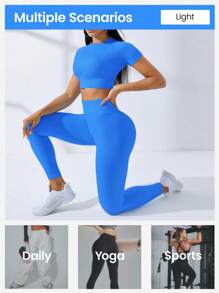 SHEIN Core Rhythm 1 Set Women Solid Color Cropped Top And Leggings Seamless Activewear Sports Suit Ribbed Workout Set Royal Blue Workout Set Matching Workout Set Quick Dry Workout Set Seamless Workout Set - Blue - View 5