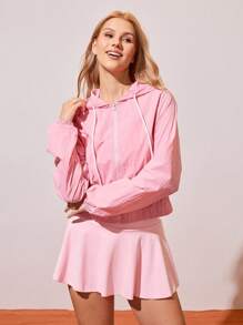 CourtClass Women's Casual Solid Color Zipper Front Drawstring Hooded Sports Jacket Pink Zip Up Hoodie Women Light Pink Hoodie Pink Athletic Jacket Women Pink Hooded Jacket Women Pink Outfit - Pink - View 4