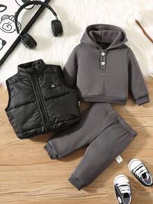 SHEIN 新生儿男女通用三件套：连帽长袖半开前套头衫、裤子和无袖背心 - 彩色 - 查看 2