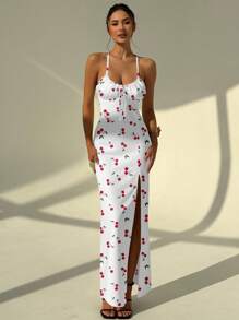 Aloruh 优雅可爱的樱桃图案全长性感吊带裙，适合夏季休闲度假、派对 - 彩色 - 查看 4