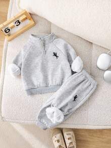 SHEIN 2 件套男童/女童休闲加厚羊毛拉链连帽夹克和松紧腰羊毛裤运动服，男女通用婴儿冬装 - 彩色 - 查看 4