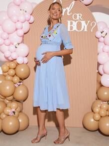 Loomaby 优雅刺绣蕾丝边孕妇装 - 藍色 - 查看 6