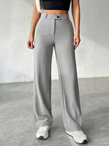 SHEIN EZwear 女士純色直腳休閒褲 - 灰色 - 查看 1