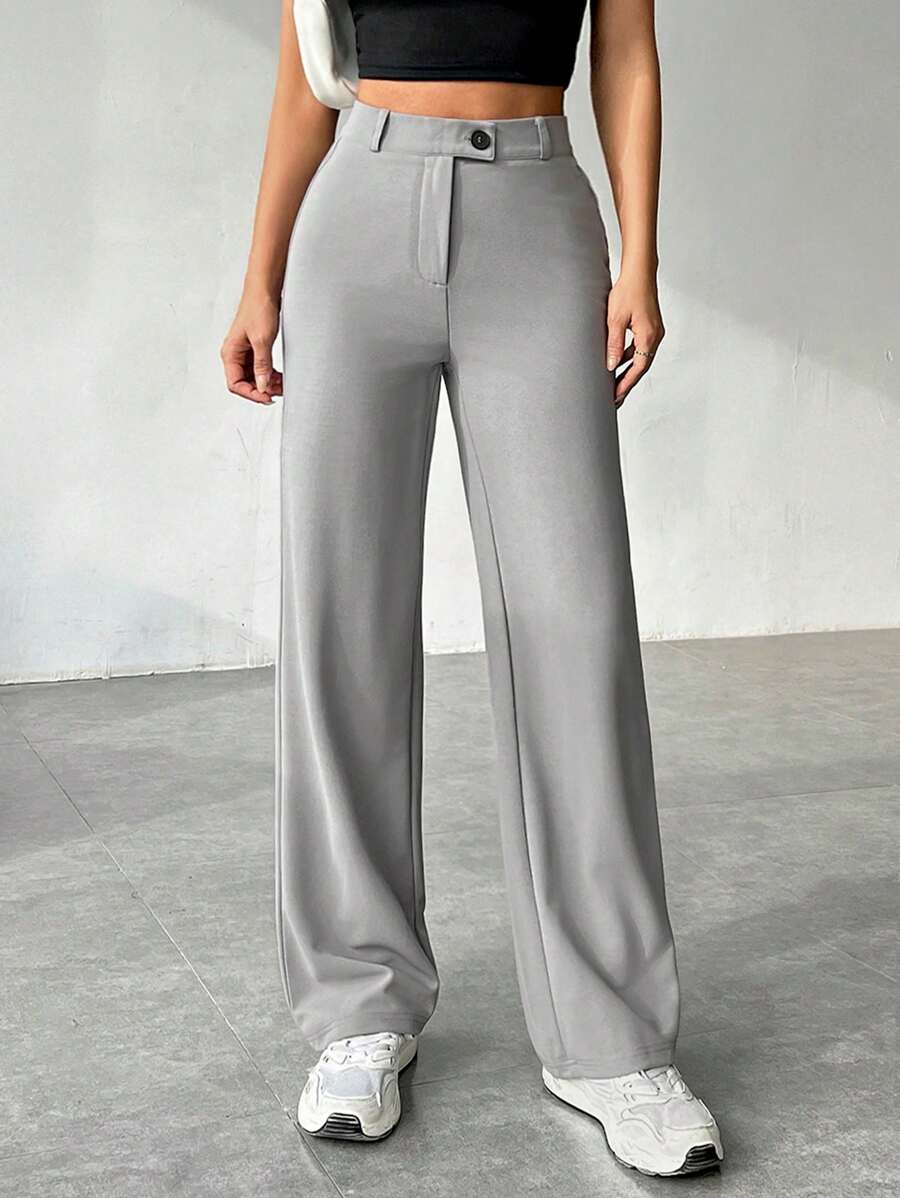 SHEIN EZwear 女士純色直腳休閒褲 - 灰色 - 查看 1