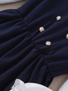 青少年女孩海軍藍與白色雙排扣泡泡袖休閒優雅中長洋裝，學院風開學校服，秋季 - 藏蓝色 - 查看 7