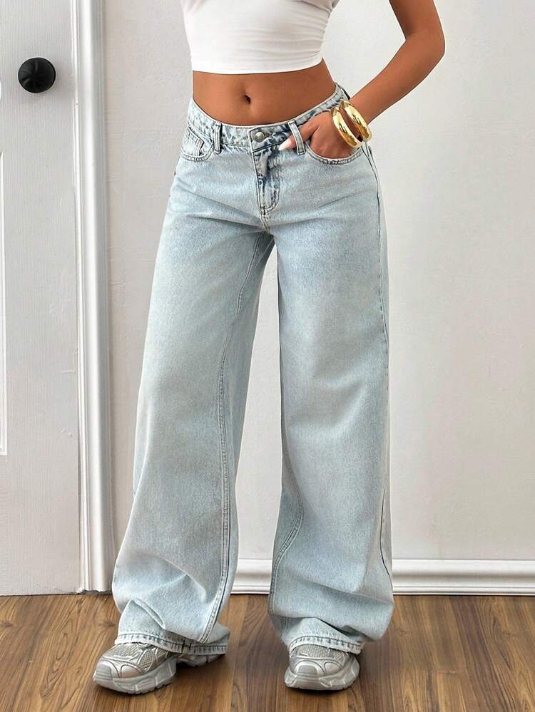 EURMUSE Quần Jean Thẳng Có Túi Sau Lưng Cạp Thấp - Rửa trung bình - Xem 6