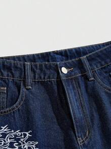 ROMWE MEN Street Life Quần short denim Bermuda ống rộng thêu hoa cho nam - Màu xanh lam - Xem 3