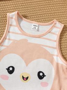 SHEIN Infant Unisex Penguin Pattern Knit Soft Crew Neck Sleeveless Bodysuit, Casual And Versatile - Khaki - View 5