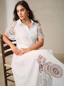 Anewsta Vestido de mujer de un solo pecho sin mangas de color liso con diseño calado y empalmes - Blanco - Ver 6