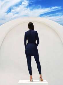 Swim Shayni Ladies Elegant Beach Style Modest Swimsuit Set, Conservative And Mature Design, Round Neck With Zipper, Hip-Hugging, Pleated, With Star Hem Detail Top And Solid Color Swim Shorts For Summer Beach Vacation - Blue - View 2