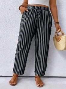 SHEIN PETITE 加大码条纹拼布锥形休闲度假裤，适合娇小和