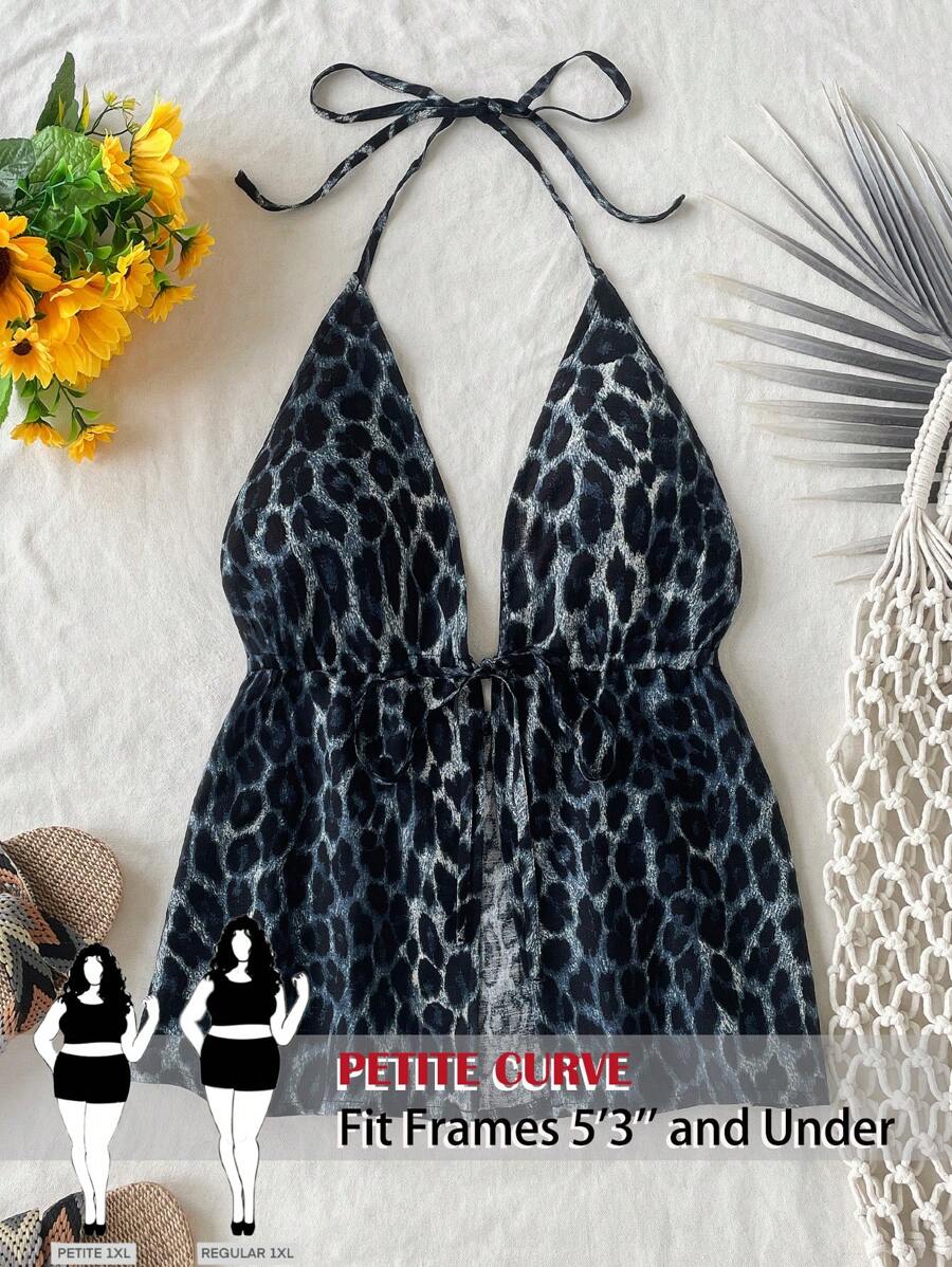 SHEIN PETITE CURVE Plus Size Petite Women's Casual Halter Tie Neck Leopard Print Backless Camisole For Summer Women - Light Grey - View 1