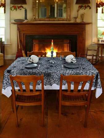 Goth 1pc Black Lace Tablecloth(135*183), Spider Web Lace Tablecloth, Party Decoration, Photo Props, Background,Halloween Black Lace Spider Web Square Tablecloth - Dining Table Cover / Decorative Cover For Ghost Festival