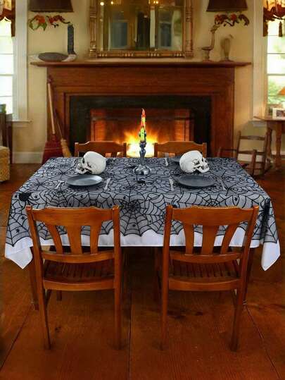 Goth 1pc Black Lace Tablecloth(135*183), Spider Web Lace Tablecloth, Party Decoration, Photo Props, Background,Halloween Black Lace Spider Web Square Tablecloth - Dining Table Cover / Decorative Cover For Ghost Festival