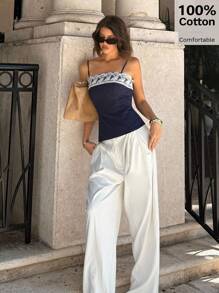 Siren Gaze 2025 Women's New Design Lace Trim Camisole Tank, Minimalist Sexy Short Tube Top Lace Trim Tops Neckline Lace Trim Tops Cotton Tops Women's Spaghetti Strap Square Neck Tops 100%Cotton Crochet Top Women Lace Top Summer Casual Blue - Navy Blue - View 8