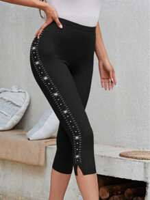 INAWLY Quần legging lửng thời trang nữ, cạp chun đính đá lấp lánh. - màu đen - Xem 1