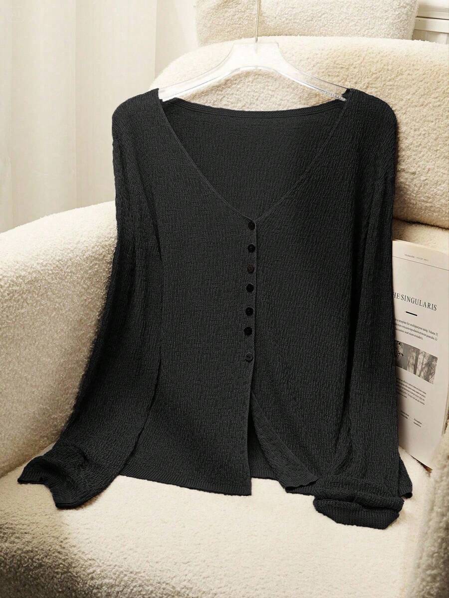 Franclia 女士休闲半透明V领开衫，春夏 - 黑色 - 查看 1