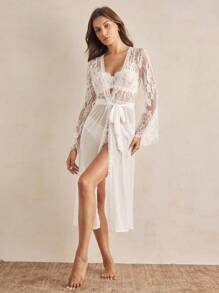 Charlaine Women's French Eyelash Lace & Mesh Diagonal Cut Sleepwear Robe - White - View 5