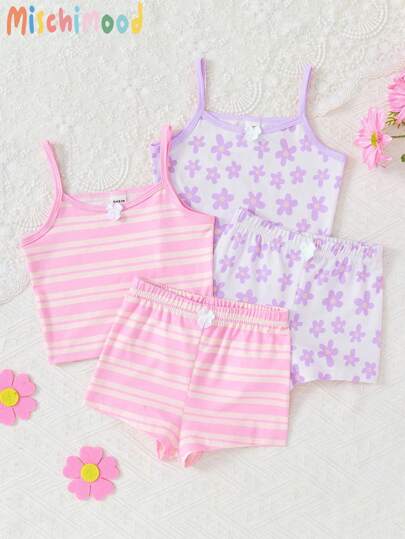 4 st/set sött och härligt rosa set för unga flickor med blommigt och randigt tryck och shorts underklädesset