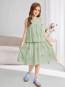 SHEIN Tween Girl Casual Solid Color Round Neck Sleeveless Top & Mini Skirt 2Pcs Set - Mint Green - View 8