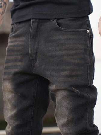 Manfinity Roughcore Blugi skinny casual plisați cu buzunare din denim pentru bărbați, mărime mare, stil emo