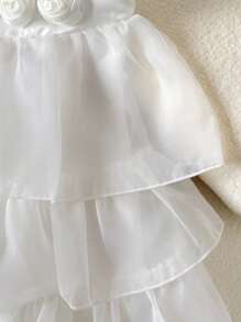 SHEIN Tween Girls' Elegant Round Neck Sleeveless Dress With 3D Floral Decoration - White - View 6
