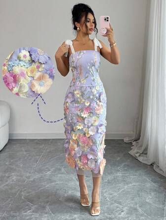 Elenzga 2pcs Set: Elegant Tie Front Top With 3D Floral Embroidery And Matching Skirt