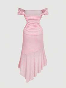 SHEIN MOD 大码女式露肩不对称下摆植绒网眼连衣裙，粉色 - 粉色 - 查看 7