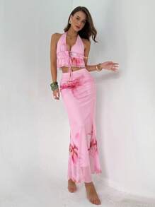 Aloruh Conjunto feminino de 2 peças, blusa curta com amarração frontal e saia estilo sereia, estampa floral, blusas fofas para o verão - Rosa - Ver 3