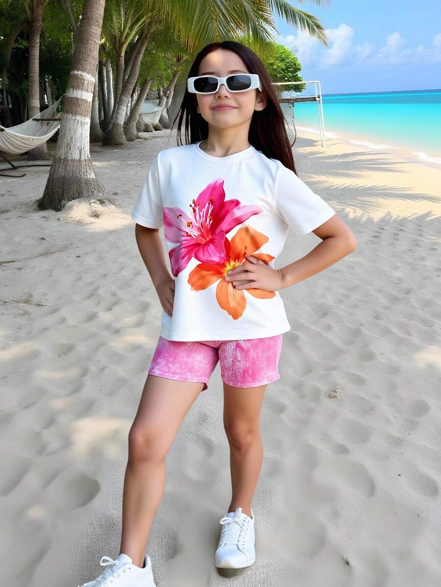 Flower, Holiday, Vacation Print 2pcs Outfit - Loose Short Sleeve T-Shirt And Casual Pants Set For Tween Girls, Summer - Multicolor - View 1