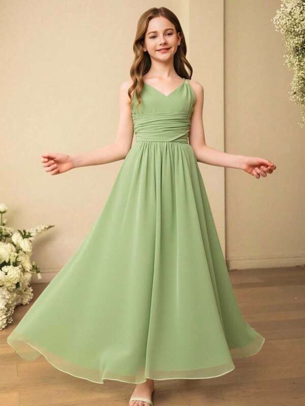 Elegant Sleeveless Off-Shoulder Ruched Waist Formal Long Dress For Tween Girls Suitable For Elegant Balls, Parties, Birthdays, All Seasons