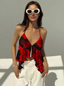 Aloruh 花卉印花深 V 露背衬衫，Y2K 风格上衣，优雅适合约会、派对、度假，适合夏季，复古