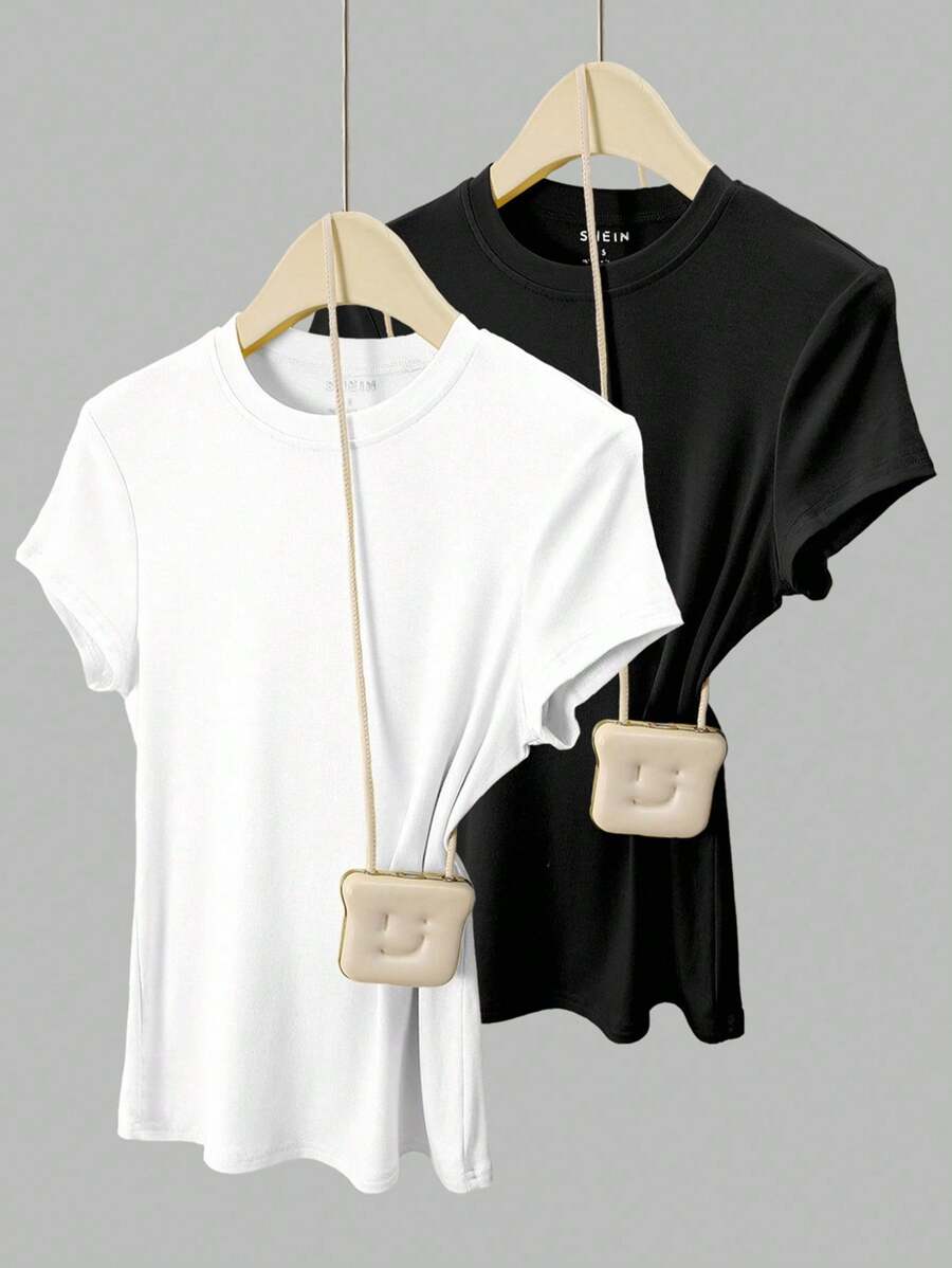 INAWLY 2件套女士纯色短袖修身圆领T恤