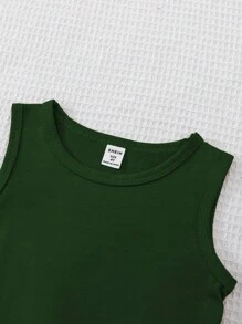 SHEIN 2 件装年轻女孩休闲无袖上衣和条纹短裤套装，带 3D 蝴蝶结设计 - 綠色 - 查看 5