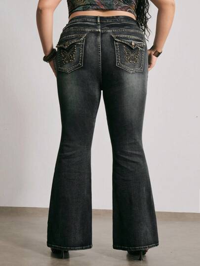 Fairycore Große Größen lässig zerstörte Schmetterling bestickte ausgestellte Jeans