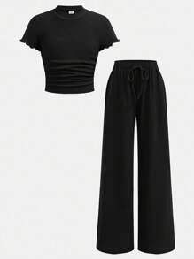 SHEIN Comfortable Polyester Plain Black Co-Ords With Regular Sleeves And Relaxed Fit For Tween Girls Tween Girl Wide Leg Pants Girls Wide Leg Pants Set Girls Black Wide Leg Pants Tween Girl Wide Leg Pants Outfit Tween Girls Summer Outfit Girls Wide Leg Pants Outfit Teen Girl Wide Leg Pants Outfit Tween Girls Wide Leg Pants Set Teen Girls Wide Leg Pants Outfit Girls Black Wide Leg Pants Set - Black - View 8
