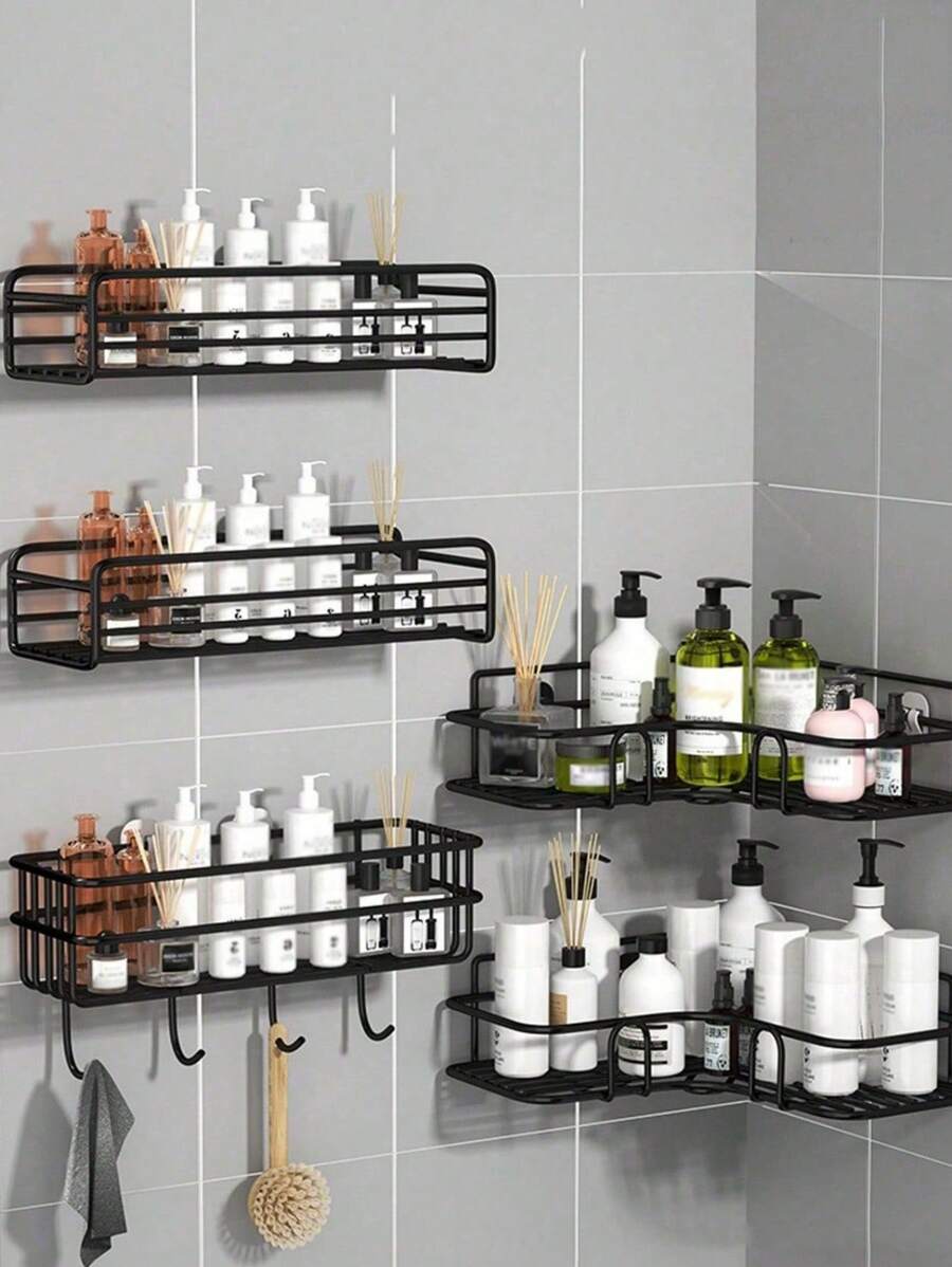 1PC, Perforation-Free Bathroom Shelving Triangle Shelving Toiletries Storage Shelf Home Bathroom Decor Bathroom Organizer Summer - Black - View 1