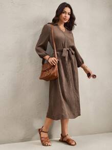 Wildy 美式乡村休闲度假棕色开衫系带中长连衣裙，适合女性，乡村音乐会服装，棕色连衣裙，翻领连衣裙，系带连衣裙，长袖连衣裙，亚麻连衣裙，棕色连衣裙，女教师服装，优雅女装，秋季女装，棕色连衣裙，橄榄绿半身裙 - 軍綠色 - 查看 2